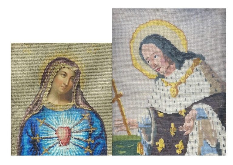 Deux petits cadres à décor de sujets religieux en perlé - Dim (le plus grand) :…