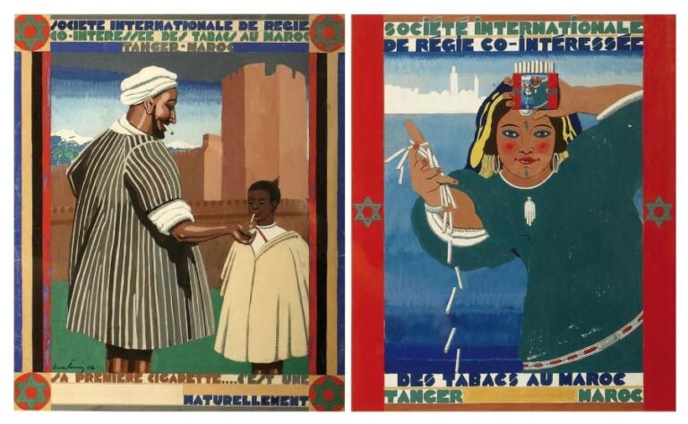 Deux projets originaux affiches publicitaire de la «Société internationale de régie cointéressée des tabacs au Maroc