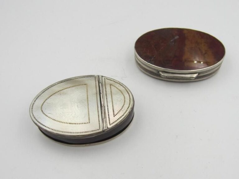 Deux tabatières ovales: l'une en nacre, métal et écaille, l'autre en pierre dure, monture métal (fêles et accidents)