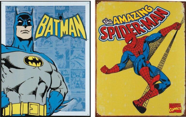 Deux tôles sérigraphiées USA contemporaines: Batman 31 x 41 cm et Spiderman 31 x 41 cm