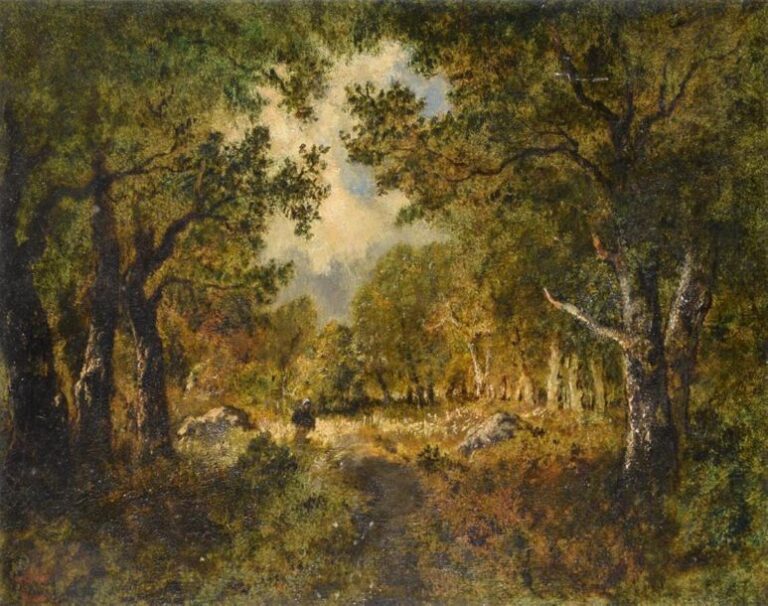 DIAZ Narcisse (1807 - 1876) « Fagotier en forêt » huile sur panneau porte le cachet de la vente DIAZ en bas à gauche - 24x32