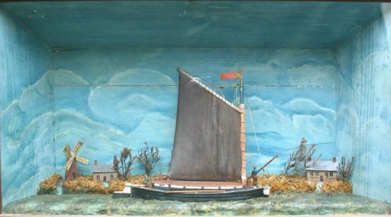 Diorama d'une péniche à voile sur un canal Art populaire, début du XXe siècle 42 x 75 cm