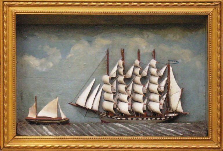 DIORAMA représentant un cinq-mâts barque avec son pilote sur une mer en mastic pein