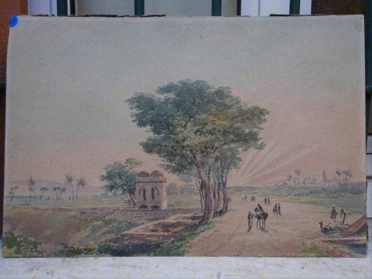 Domenico / Dominique TRACHEL (1830-1897) Chamelier sur un chemin en Egypte Aquarelle sur papier Signée en bas à gauche 38 x 56 cm (piqûres)