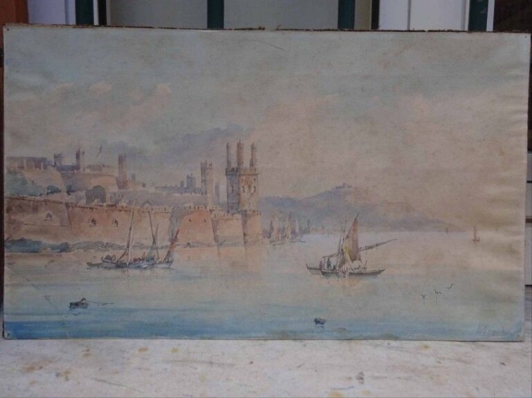 Domenico / Dominique TRACHEL (1830-1897) Méditerranée animée, au fond une ville fortifiée Aquarelle sur papier Signée en bas à droite 28 x 47,5 cm (piqûres, salissures)