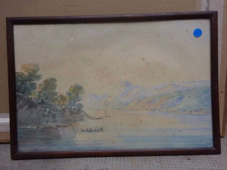 Domenico / Dominique TRACHEL (1830-1897) Pêcheurs sur la rivière Aquarelle sur papier Signée en bas à droite 30 x 45 cm (à vue) (rousseurs)