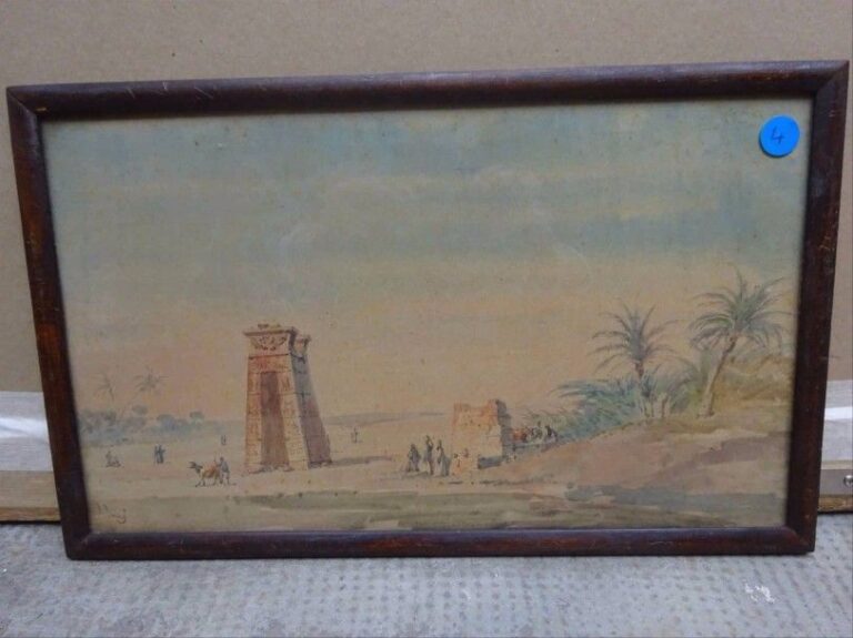 Domenico / Dominique TRACHEL (1830-1897) Ruines animées en Egypte ou à Palmyre Aquarelle sur papier Signée en bas à gauche Dans un encadrement et sous verre (non ouvert) 23 x 38,5 cm (à vue) (rousseurs, petites taches)