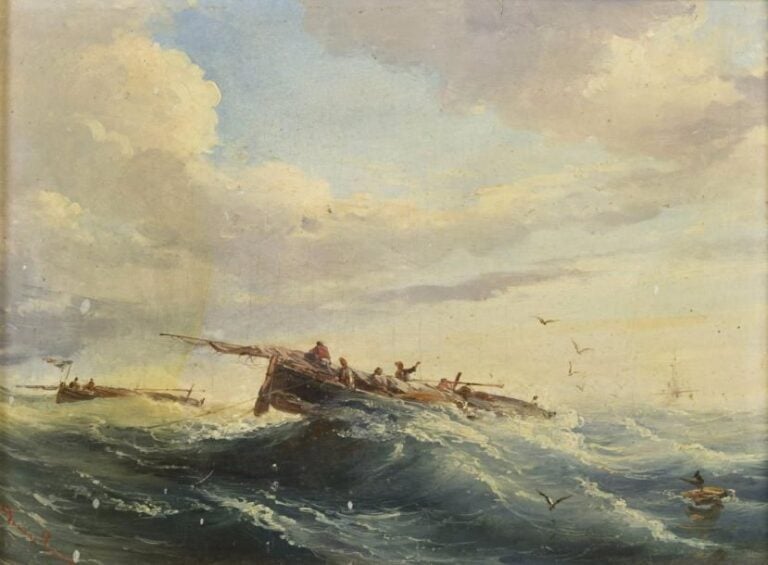 Dominique TRACHEL Pêcheurs en mer Huile sur panneau Signée en bas à gauche 25 x 33 cm