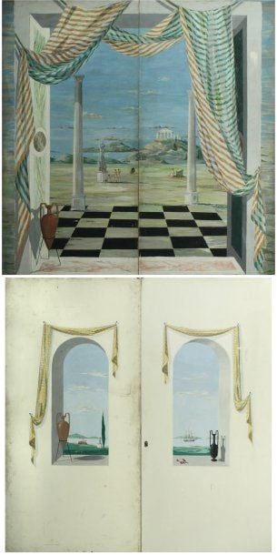 Double portes suspendues à panneaux pleins et décor double face à motifs néoclassique (écaillures et sauts de peinture