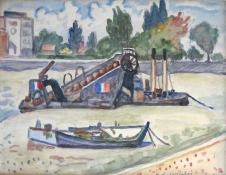 Dragueuse au port d'Honfleur Aquarelle, signée en bas à gauche 23,5 x 30,5 cm