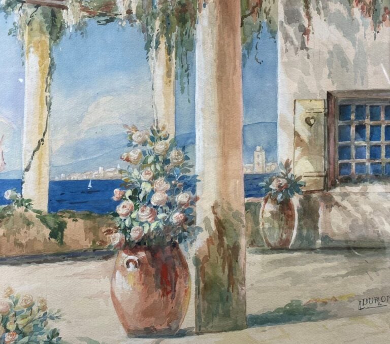 DURON (?) - Pergola avec vue mer - Aquarelle sur papier - Signé en bas à droite…