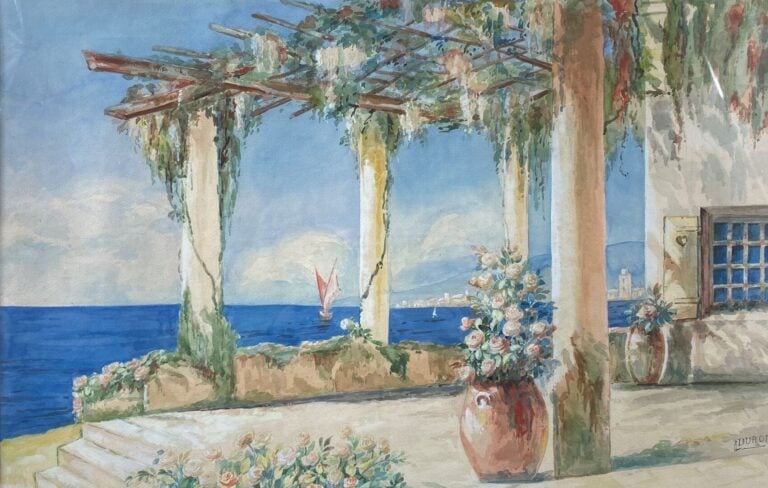 DURON (?) - Pergola avec vue mer - Aquarelle sur papier - Signé en bas à droite…