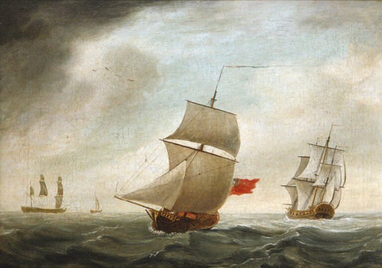 ÉCOLE ANGLAISE DU XVIIIe SIÈCLE « Navires de guerre » Huile sur toile (reentoilée