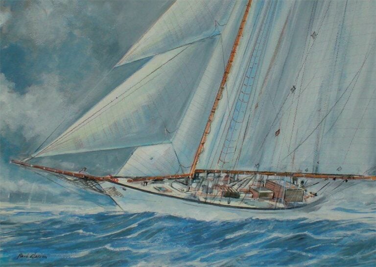 (Ecole contemporaine) « LELANTINA » Gouache sur papier de la goelette aurique conçue en 1937 par John Alde