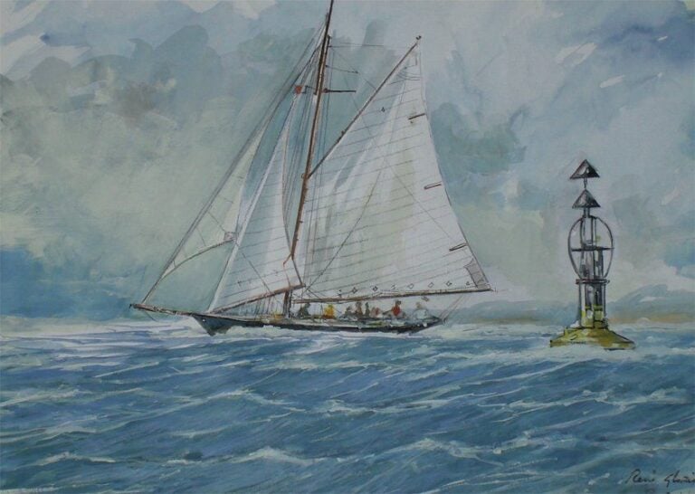 (Ecole contemporaine) « PEN DUICK passant la bouée Nord de Gurnard » Aquarelle gouachée signé