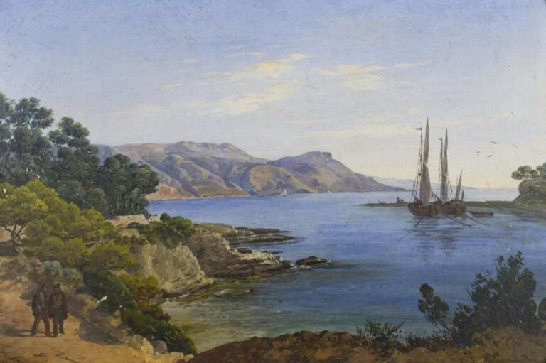ECOLE début du XXe siècle Voiliers dans une crique aux environs de Nice Huile sur panneau 27 x 54 cm