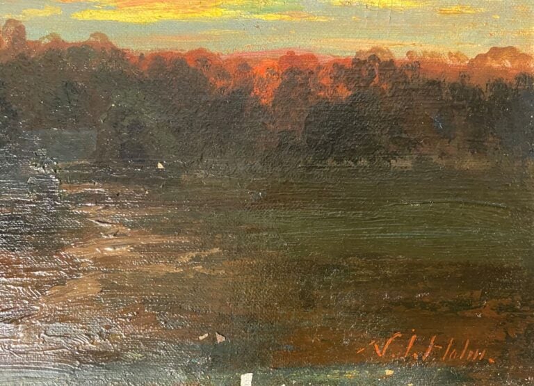 Ecole du début du XXe siècle - Coucher de soleil - Huile sur toile - Porte une…
