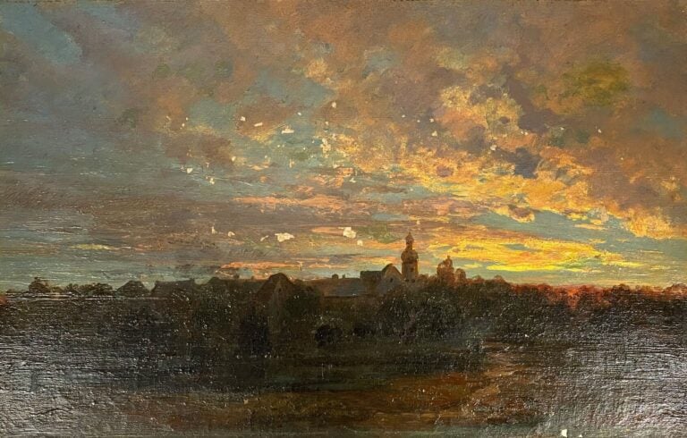 Ecole du début du XXe siècle - Coucher de soleil - Huile sur toile - Porte une…