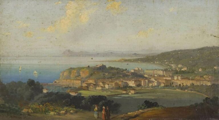 ECOLE du XIXe siècle Vue de Nice depuis les hauteurs Huile sur carton 22 x 38 cm
