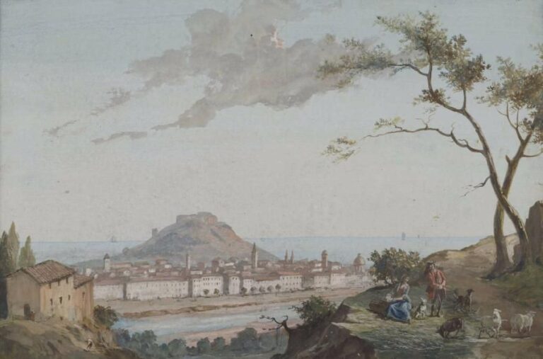 ECOLE du XIXe siècle Vue de Nice et de la colline du Château depuis un chemin, animée d'un couple Aquarelle et gouache sur papier 26 x 38 cm