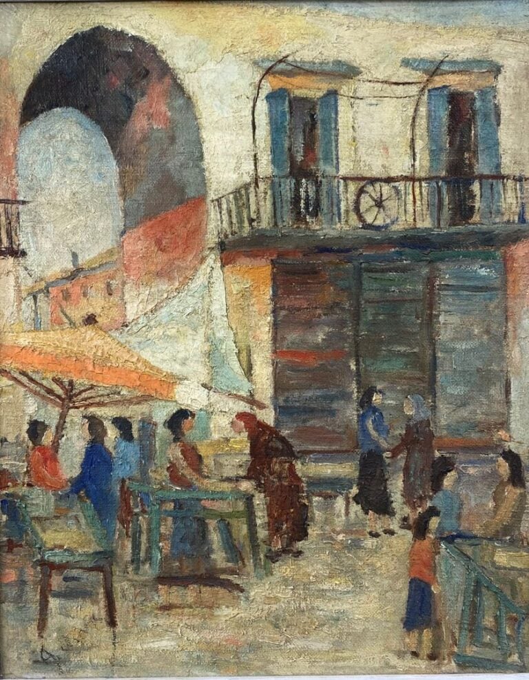 Ecole du XXe siècle - Le marché en vieille ville - Huile sur toile - trace de s…