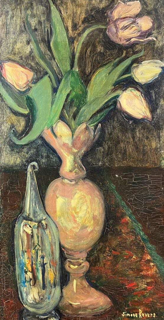 Ecole du XXe siècle - Nature morte à la lampe aux poissons - Huile sur panneau…