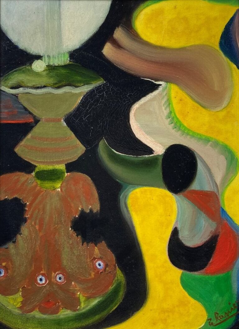 Ecole du XXe siècle - Nature morte à la lampe aux poissons - Huile sur panneau…