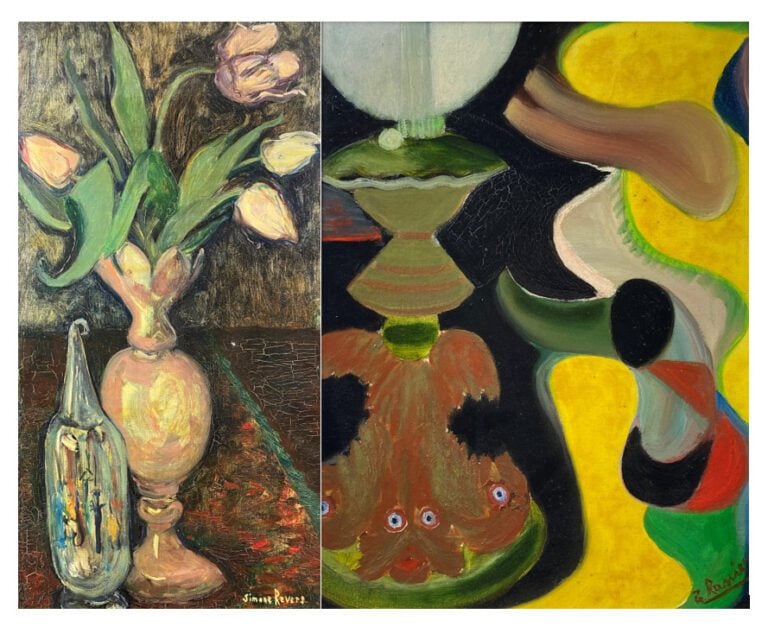 Ecole du XXe siècle - Nature morte à la lampe aux poissons - Huile sur panneau…