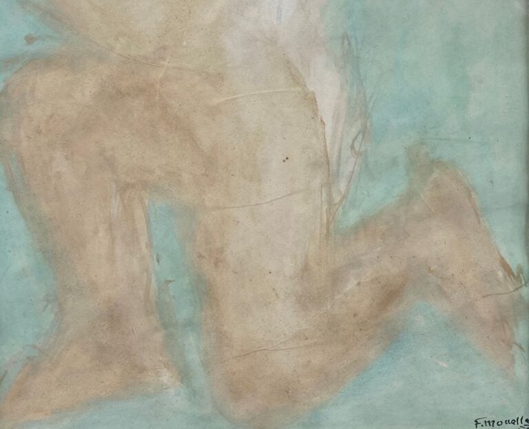 Ecole du XXe siècle - Personnage drapé agenouillé - Huile sur papier - Porte un…