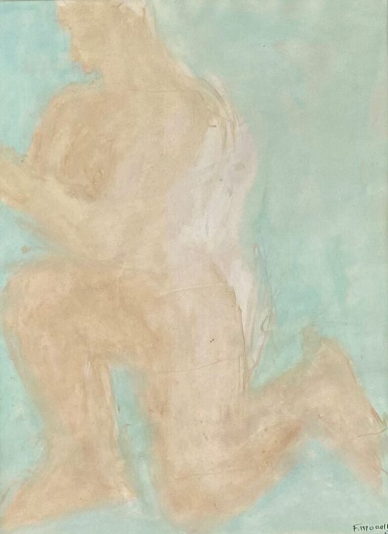 Ecole du XXe siècle - Personnage drapé agenouillé - Huile sur papier - Porte un…