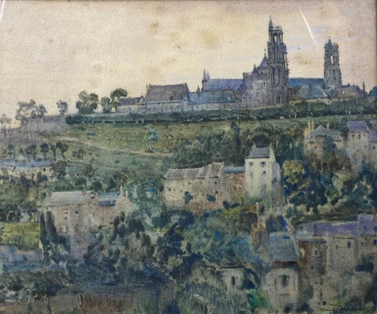 Ecole du XXe siècle - Vue sur la cathédrale de Laon - Technique mixte sur papie…