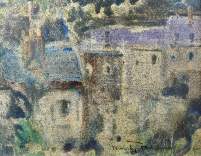 Ecole du XXe siècle - Vue sur la cathédrale de Laon - Technique mixte sur papie…