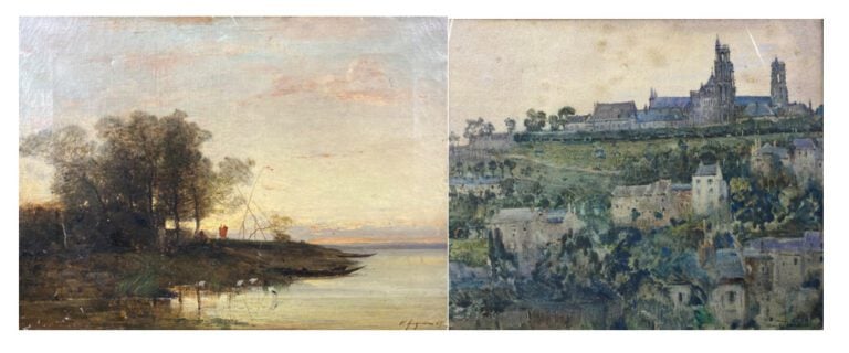 Ecole du XXe siècle - Vue sur la cathédrale de Laon - Technique mixte sur papie…