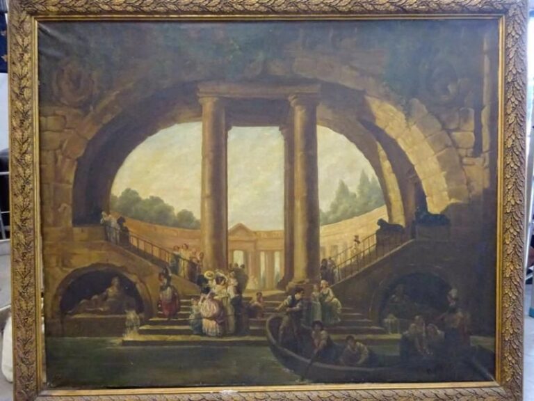 ECOLE EUROPEENNE (circa 1900) Jeux d'eau et scènes galantes sous une colonnade Huile sur toile Porte une signature apocryphe en bas à droite Dimensions de la toile seule: 130 x 162 cm