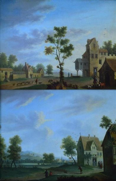 Ecole Flamande "Scènes de campagne animées de personnages" huiles sur panneaux formant pendant, portent un cachet à la cire au dos à décor d'armoiries - 23,5 x 31