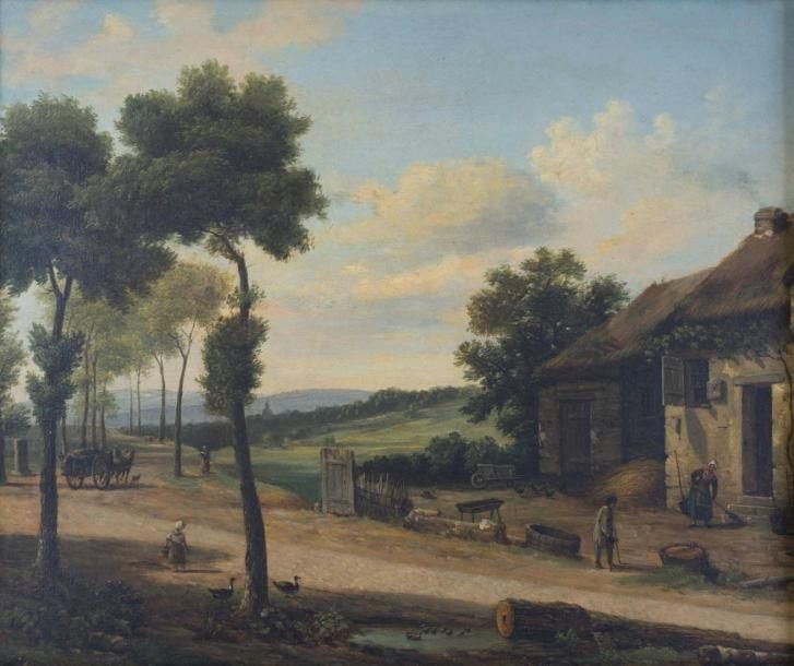 ECOLE FRANCAISE (début XIXe siècle) La charrette devant la cour de ferme Huile sur toile Non signée 38 x 46 cm (rentoilée)