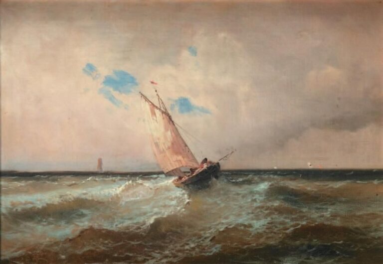 École française du XIXe siècle Barque de pêche sous le vent dans la houle Huile sur toile d'origine Signée en bas à gauche 46 x 65 cm