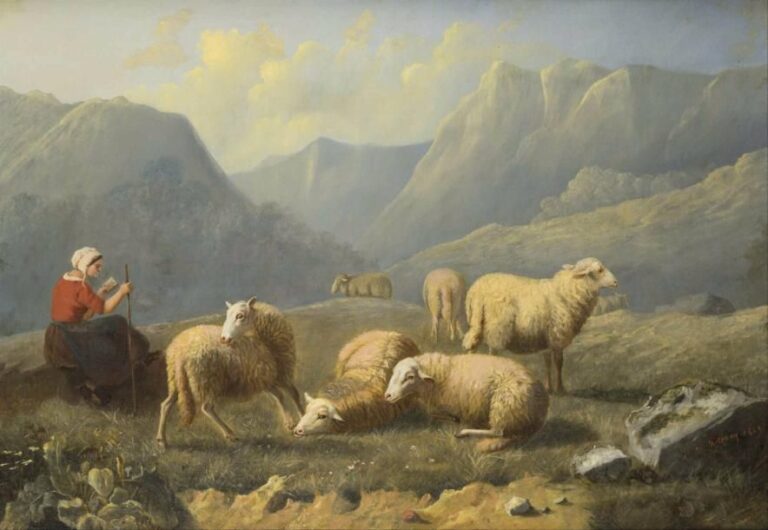ECOLE FRANCAISE du XIXe siècle Bergère lisant un livre et ses moutons Huile sur acajo