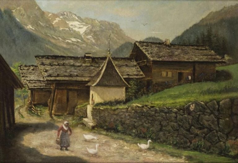ECOLE FRANCAISE du XXe siècle La gardeuse d'oies dans une ferme de montagne Huile sur toil