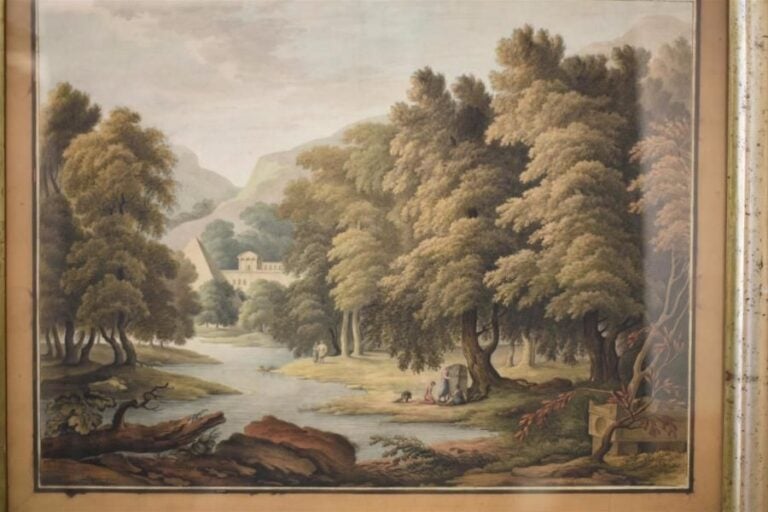ÉCOLE FRANÇAISE (vers 1820) Paysage classique animé de personnages devant un mausolée Aquarelle sur papie