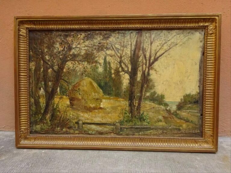 ECOLE FRANCAISE, vers 1900 La meule de foin Huile sur toile marouflée sur un châssi