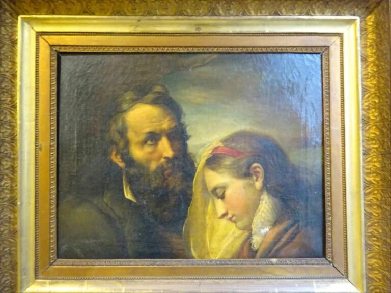 ECOLE FRANCAISE (XIXe siècle) Couple bourgeois Huile sur toile Porte une signature en bas à droite (illisible) 43 x 55 cm (griffure avec manque sur le col de la jeune fille)