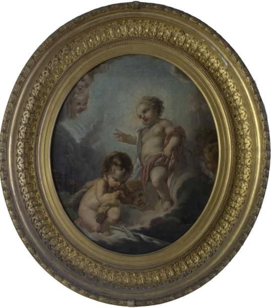 ECOLE FRANCAISE (XVIIIe siècle), entourage de Carle Van Loo Enfant Jésus et Saint Jean Baptiste dans les nuées Huile sur toile ovale 52 x 42,5 cm (accidents)