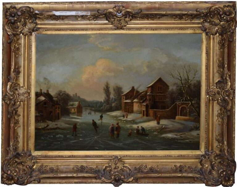Ecole hollandaise du XIXe siècle "Les patineurs" huile sur toile - 52x71
