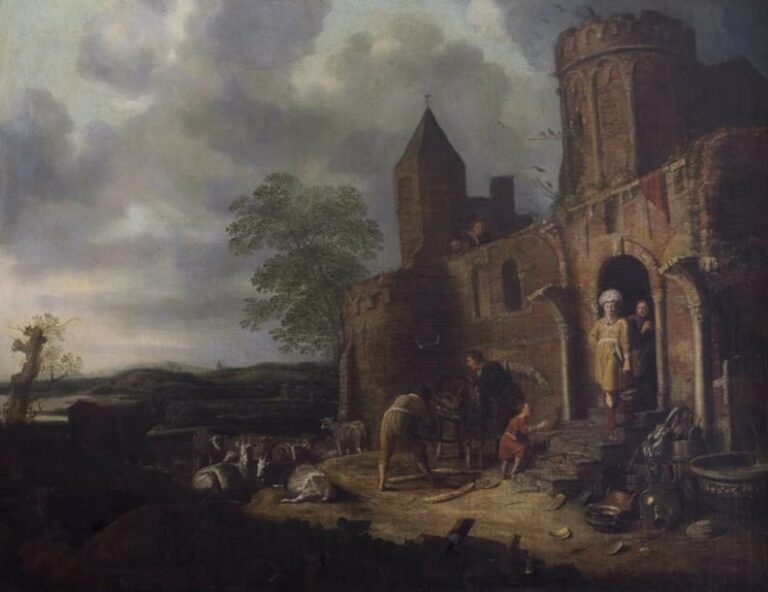 ECOLE HOLLANDAISE (Vers 1680) La Halte des voyageurs orientaux et des bergers dans une église en ruine Huile sur toile Non signée 99 x 129 cm (rentoilée)
