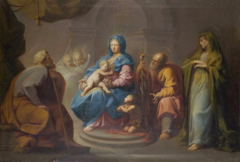 Ecole italienne de la fin du XVIIe siècle  La sainte famille avec saint Jean Baptiste, sainte Elisabeth et saint Zacharie  Huile sur toile 88 x 129 cm