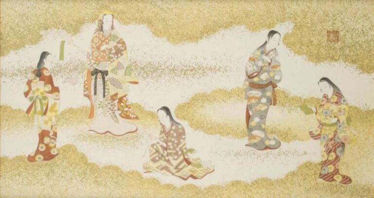 ECOLE JAPONAISE (XXe siècle, Période Meiji/Taisho) Les cinq bijinga / Les cinq beautés Peinture sur tissu avec rehauts de poudre d'or Porte un cachet en partie supérieure droite Dans un encadrement et sous verre Dimensions (à vue): 36,5 x 65 cm  A PAINTING ON FABRIC DEPICTING THE FIVE BIJINGA / FIVE BEAUTIES Japan, 20th century, Meiji/Taisho period