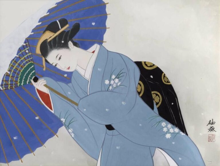 ECOLE JAPONAISE (XXe siècle, Période Taisho Beauté / Bijinga à l'ombrelle Gouache sur papier Signée à deux caractères et portant cachet en bas à droite Dans un encadrement et sous verre 38 x 49 cm (à vue)  A GOUACHE ON PAPER DEPICTING A BEAUTY / BIJINGA WITH AN UMBRELLA Japan, 20th century, Taisho/Showa
