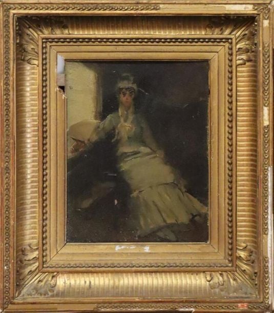 École moderne « Jeune femme assise » huile sur panneau - 21x14 (petits manques et soulèvements)
