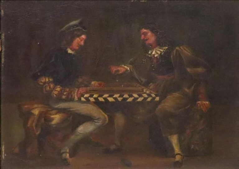 École XIXe « La partie de jacquet » huile sur panneau - 24,5x32